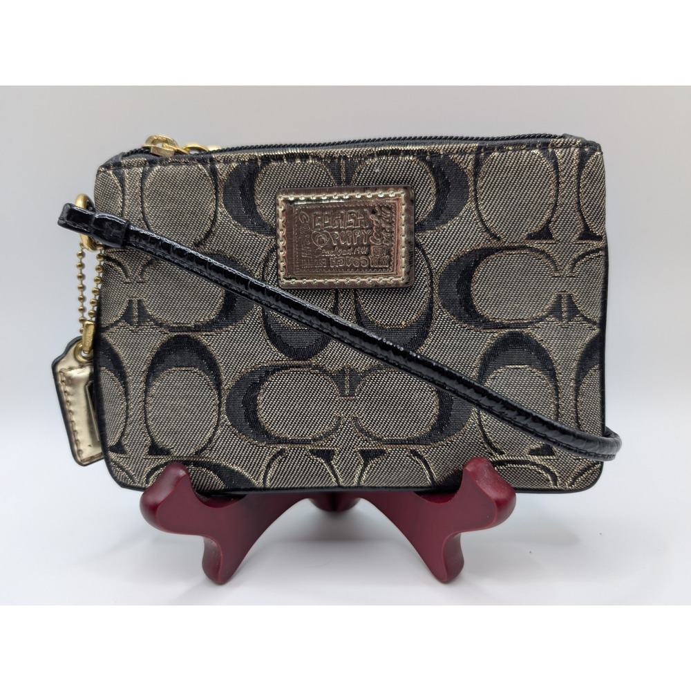 Coach Poppy Black & Gold Signature & Leather Wristlet Wallet Tag Dust Bag EUC